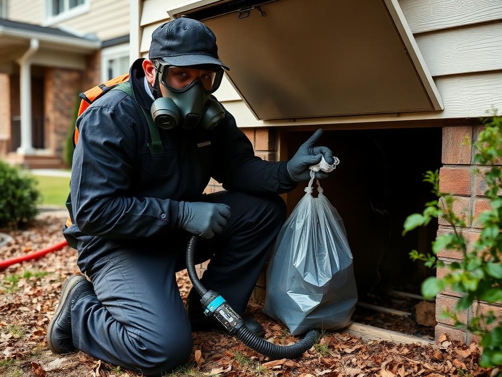 Wildlife technician in protective gear preparing to remove a deceased animal from a crawl space