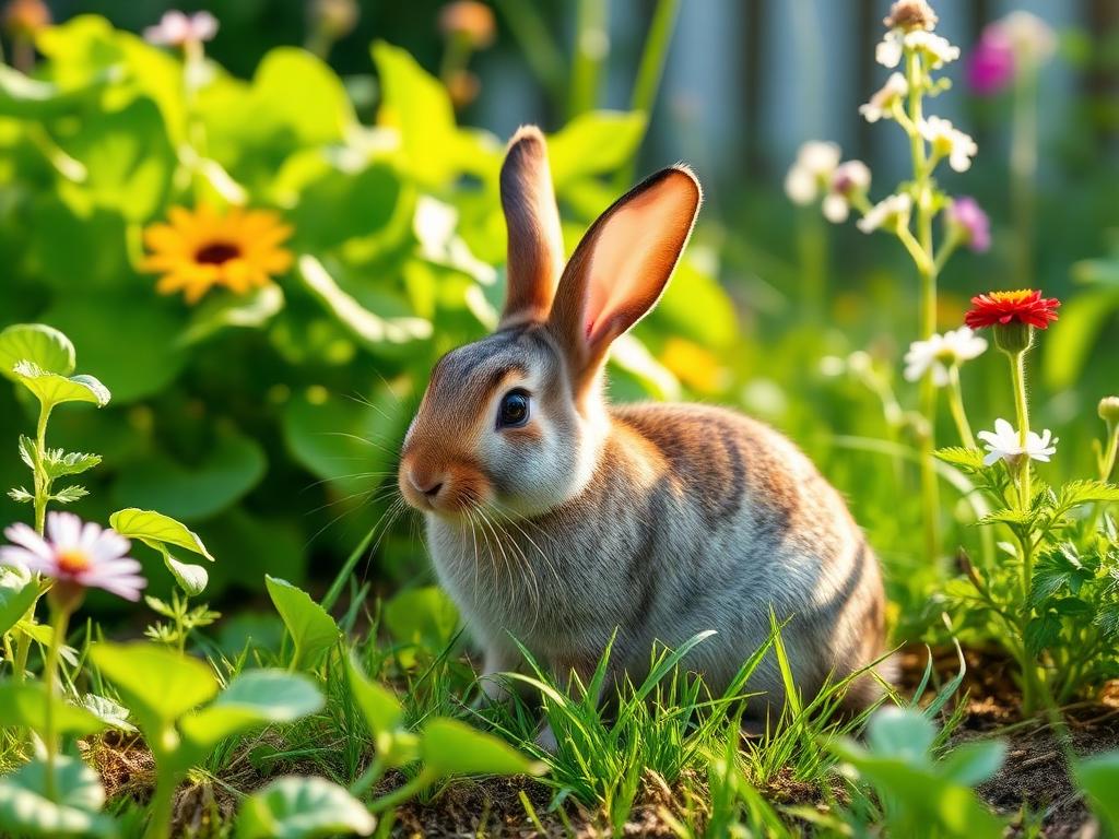 Eastern cottontail rabbit eating in a backyard garden