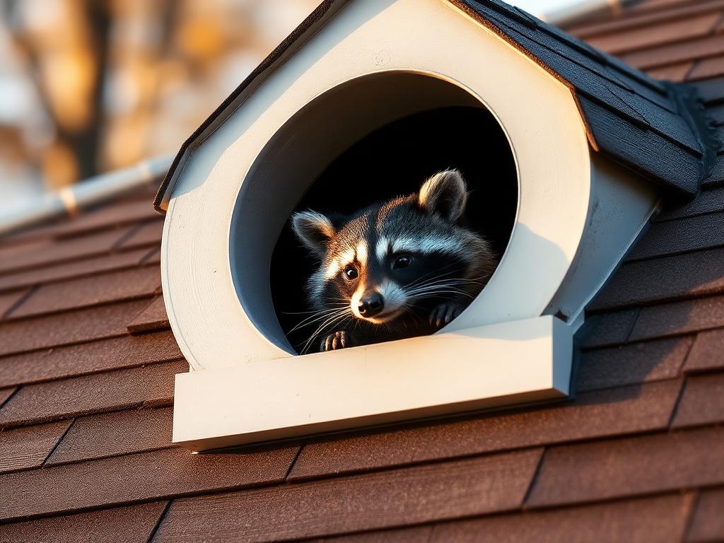 Raccoon perched in an attic gable vent of a New Hampshire home