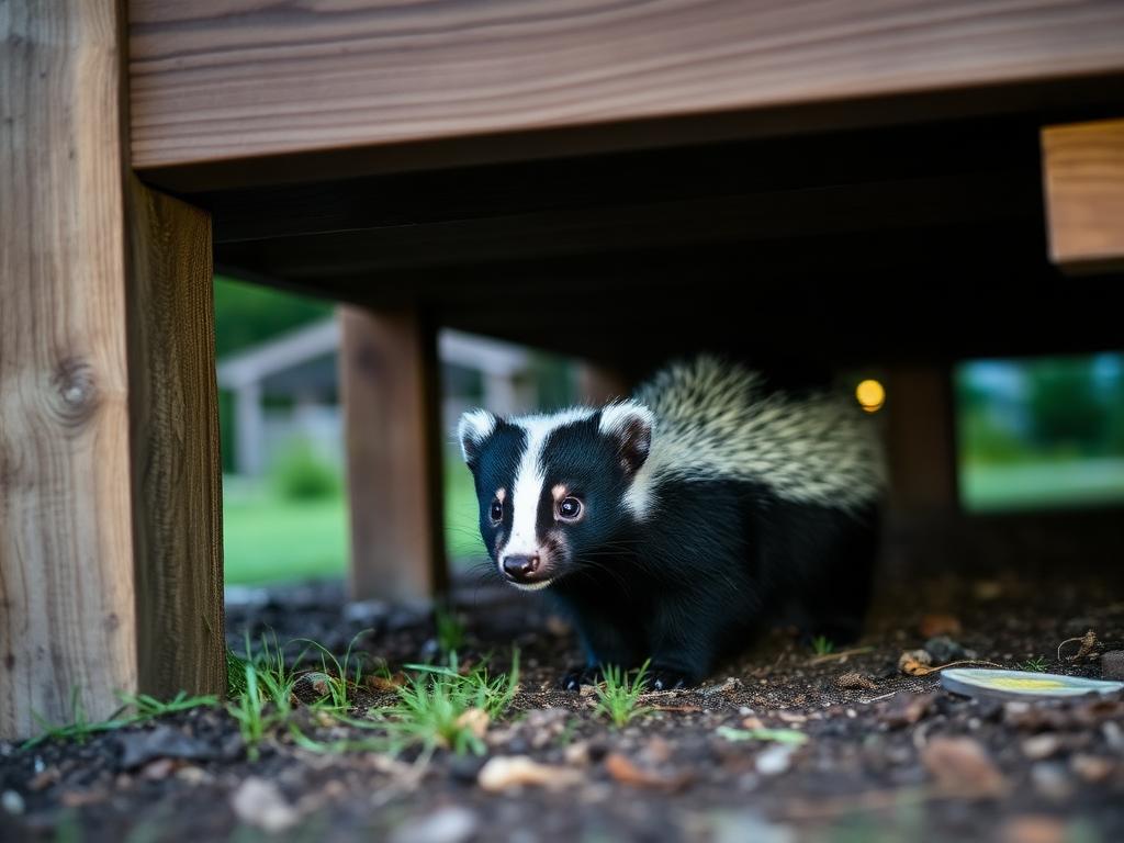 Skunk emerging from under a wooden deck at dusk