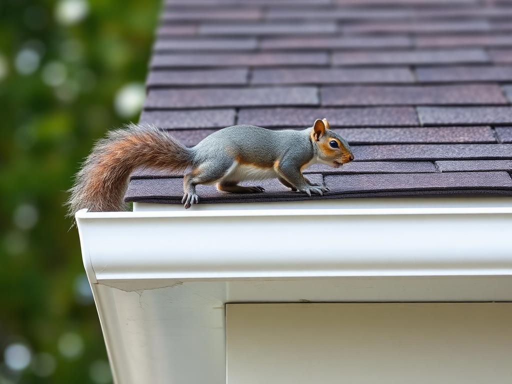 Grey squirrel climbing the soffit of a residential roof